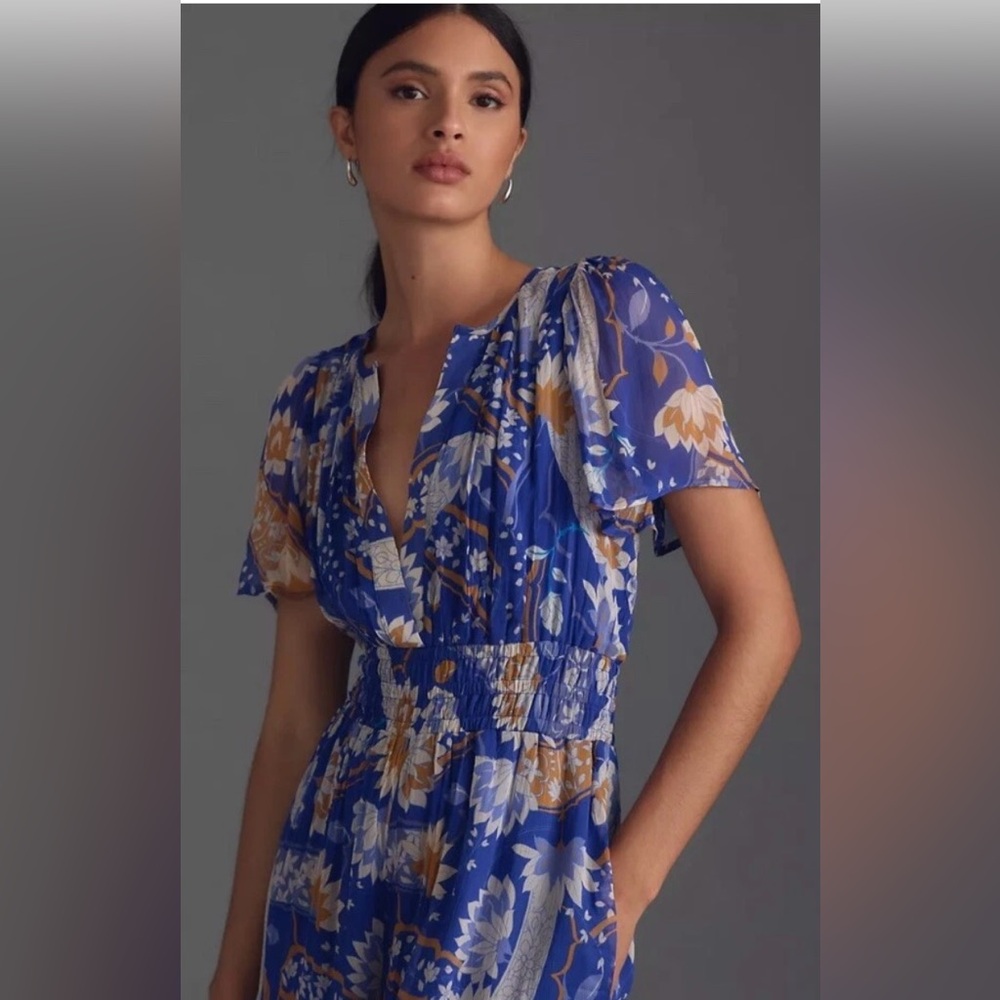 Anthropologie The Somerset Jumpsuit Chiffon Edition
Floral Blue Motif